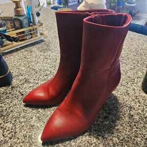 Dark Red Kitten Heel Faux Leather Ankle Boots